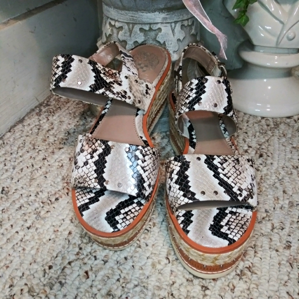 Vince Camuto Marsa Black, Silver & Taupe, Faux Snakeskin Platform Sandals - Picture 3 of 13